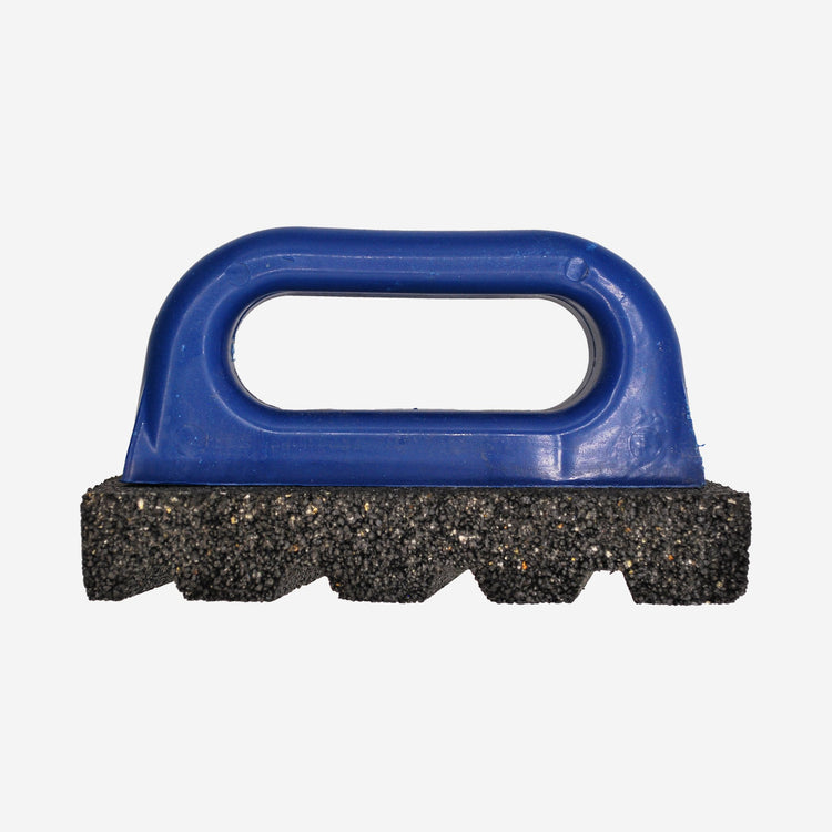 20 grit carbide cleaning brick with handle that is used for scraping off glaze drips on kiln washed shelves.