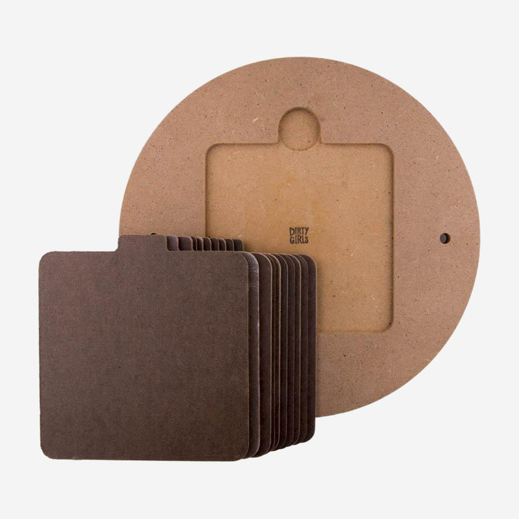 Square bat insert system with master and 10, 6.5" diameter inserts.