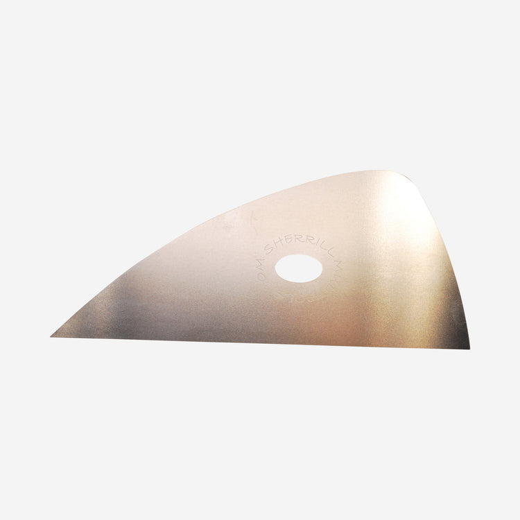 Here is a rib that stands firm. Made of a heavier grade stainless steel, Shape 7 has less flexibility than some of the other ribs. The blunt end is good for carving away material or removing waste clay on the wheel.