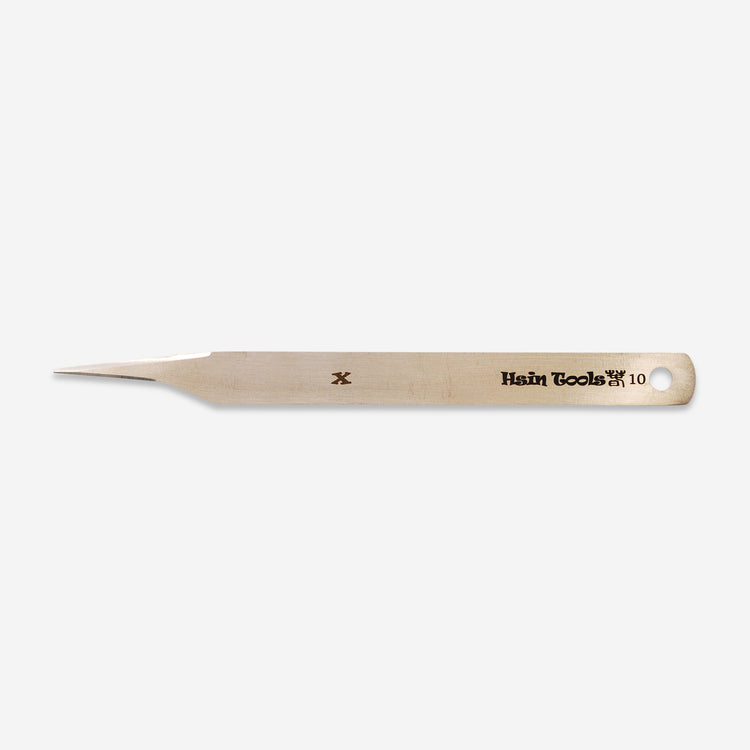 The #10 stainless steel tool has slim sharp tip for more intricate carving and slicing on wet and leather hard clay.